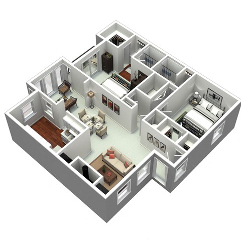 3D 2 bedroom floorplan at Laurel Oaks, North Carolina